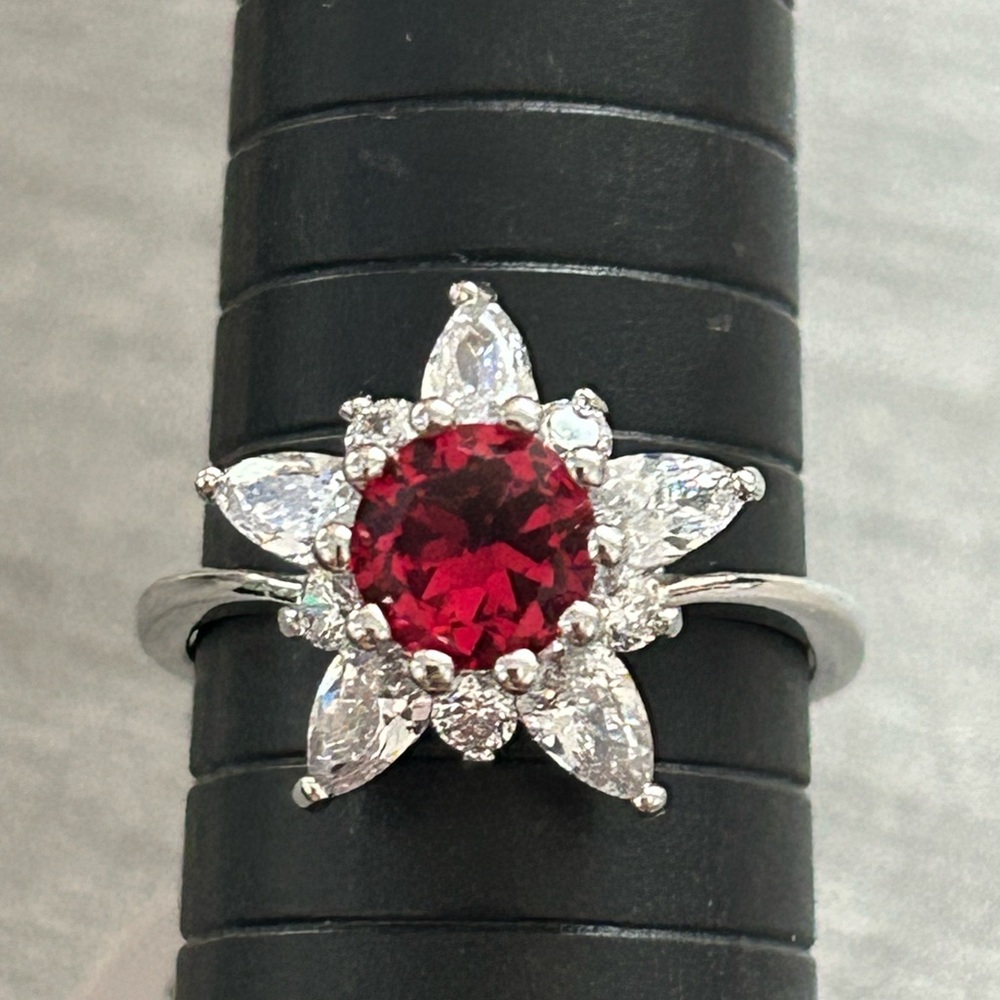 Size 8/18K White Gold Filled Ruby Red AAA CZ Flower Halo Ring/NWOT